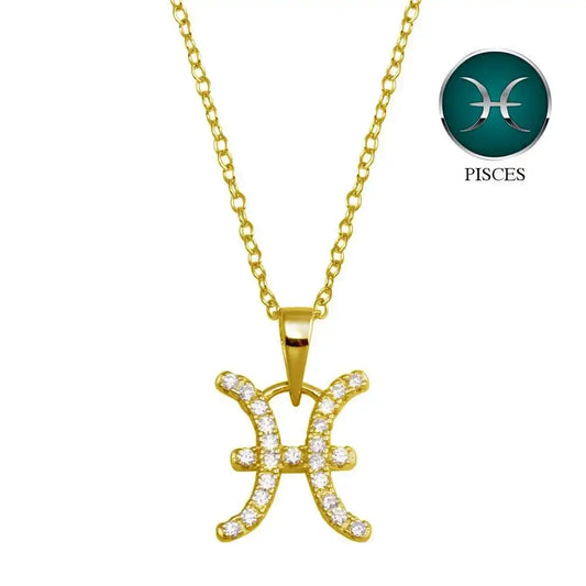 925 Sterling Silver Gold Plated Pisces CZ Zodiac Sign Necklace
