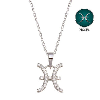 925 Sterling Silver Rhodium Plated Pisces CZ Zodiac Sign Necklace