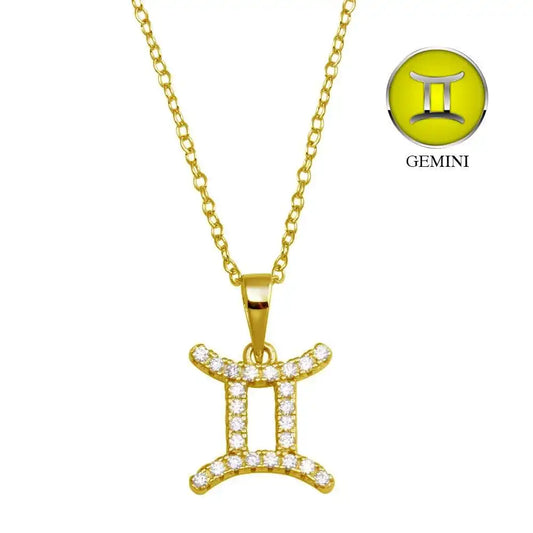 925 Sterling Silver Gold Plated Gemini CZ Zodiac Sign Necklace