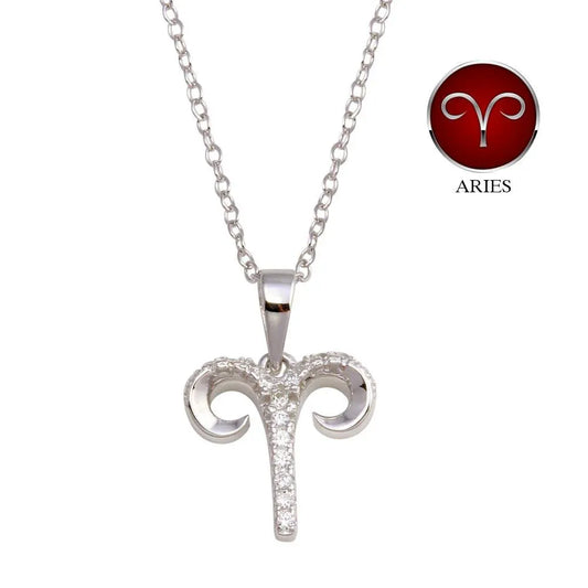 925 Sterling Silver Rhodium Plated Aries CZ Zodiac Sign Necklace
