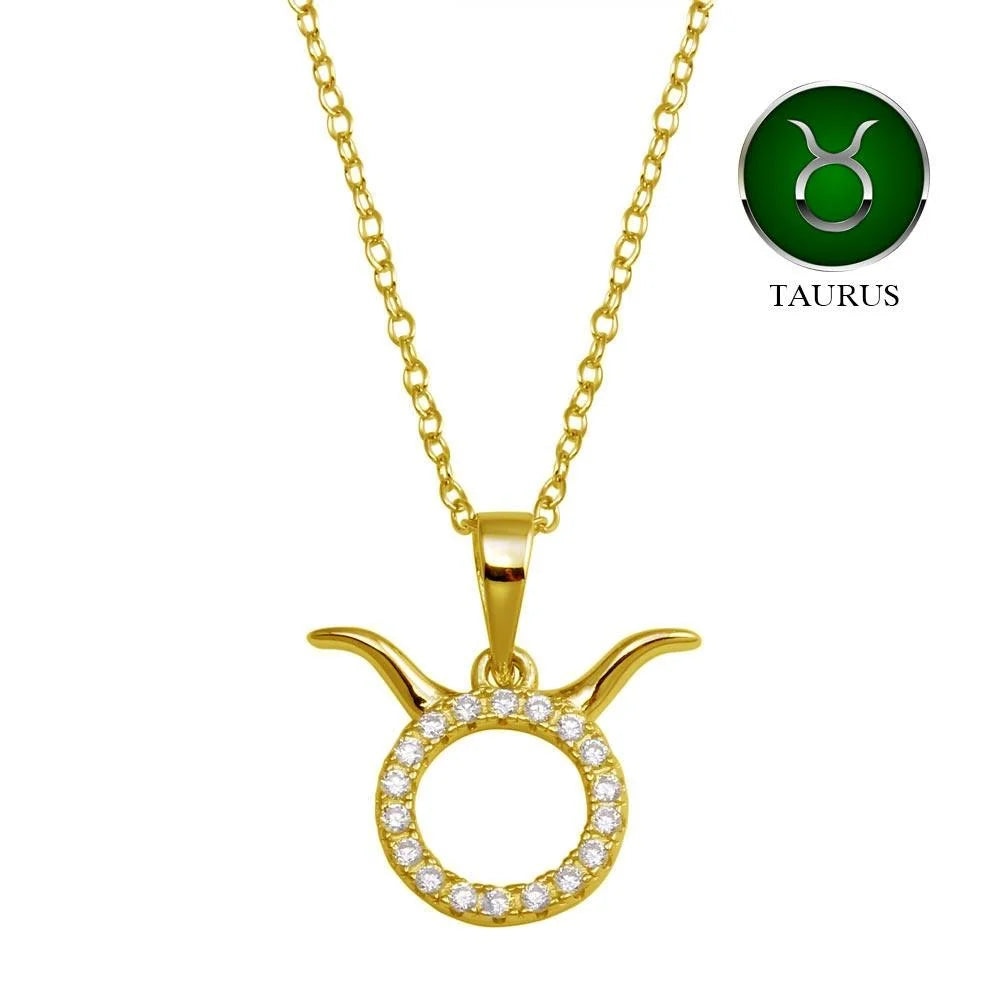 925 Sterling Silver Gold Plated Taurus CZ Zodiac Sign Necklace