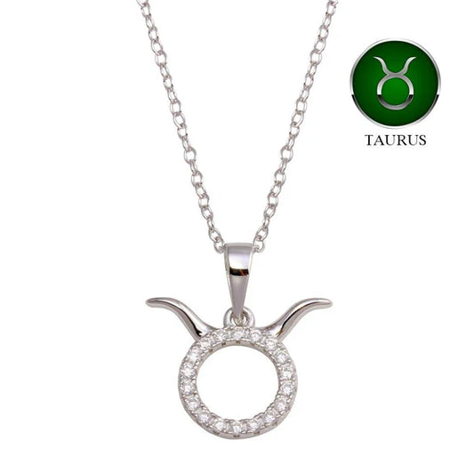 925 Sterling Silver Rhodium Plated Taurus CZ Zodiac Sign Necklace