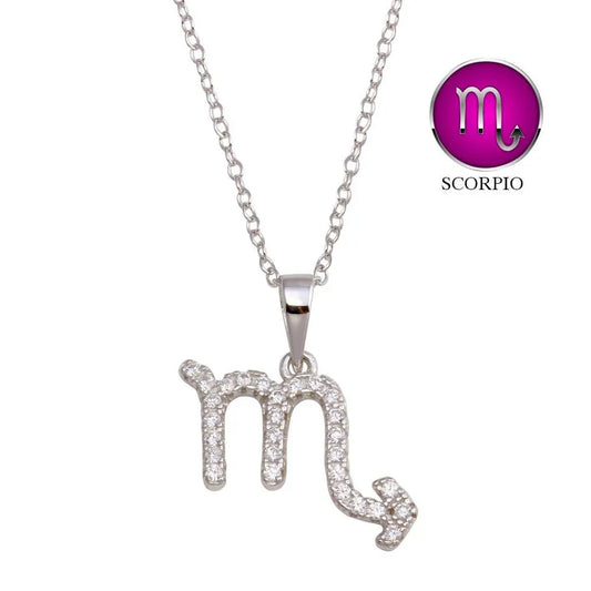 925 Sterling Silver Rhodium Plated Scorpio CZ Zodiac Sign Necklace