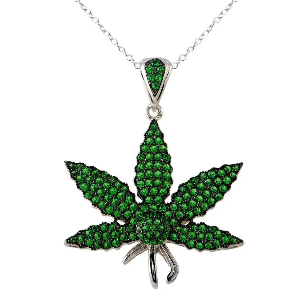 925 Sterling Silver Rhodium Plated Green CZ Marijuana Leaf Necklace