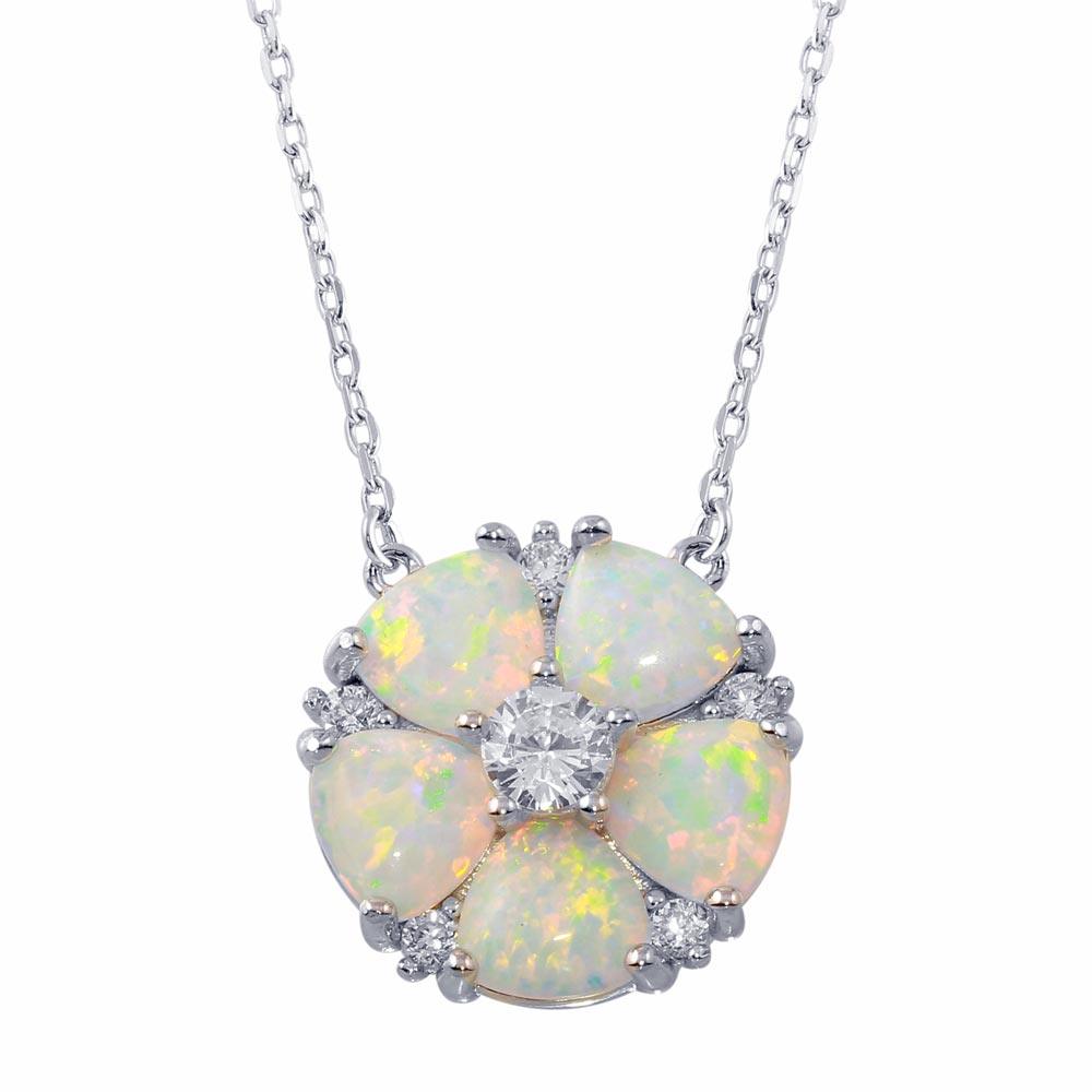 925 Sterling Silver Rhodium Plated Opal and CZ Round Flower Necklace