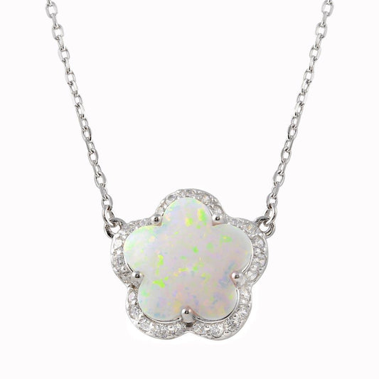 925 Sterling Silver Rhodium Plated  Opal and CZ Flower Necklace