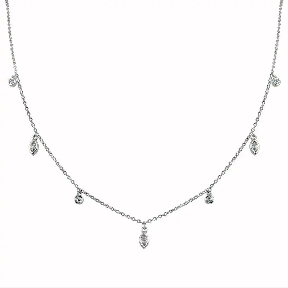 925 Sterling Silver Rhodium Plated Round and Marquise Shape CZ Charm Necklace