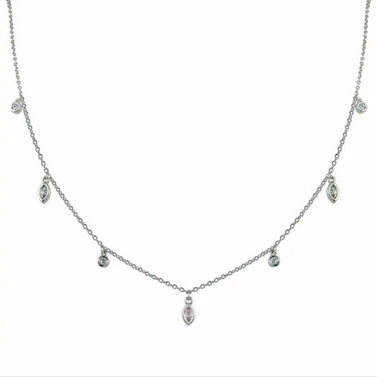 925 Sterling Silver Rhodium Plated Round and Marquise Shape CZ Charm Necklace