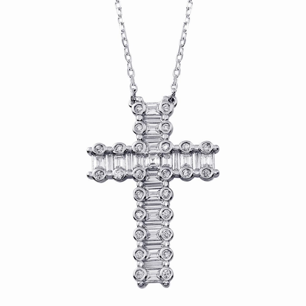 925 Sterling Silver Rhodium Plated CZ Cross Necklace