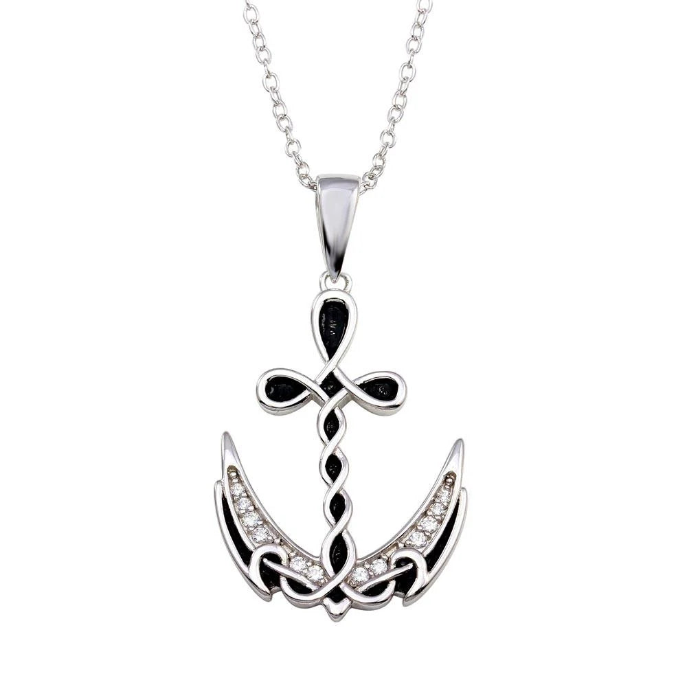 925 Sterling Silver Rhodium Plated Celtic Design Anchor CZ Necklace