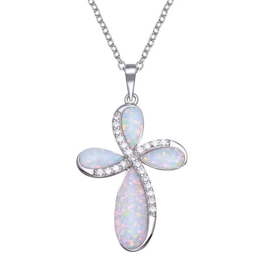 925 Sterling Silver Rhodium Plated Opal Clear CZ Cross Necklace