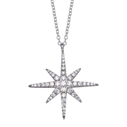 925 Sterling Silver Rhodium Plated Snow Flakes CZ Necklace