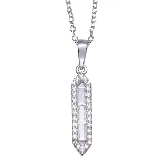 925 Sterling Silver Rhodium Plated Baguette Vertical Bar CZ Necklace