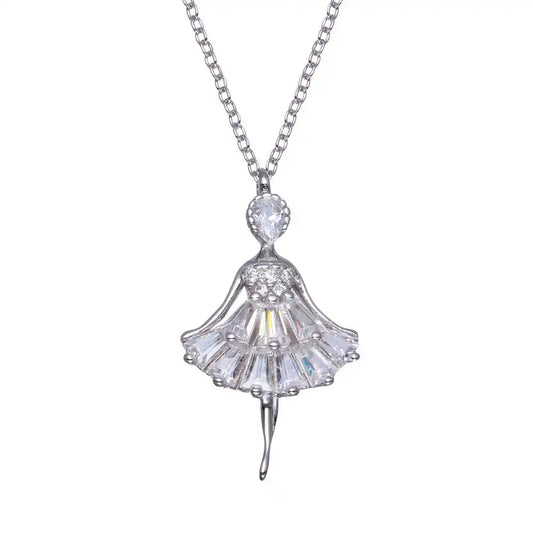 925 Sterling Silver Rhodium Plated Ballerina Baguette CZ Necklace