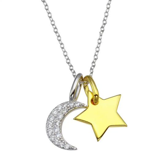 925 Sterling Silver Rhodium Plated 2 Toned Star and Crescent Moon CZ Necklace