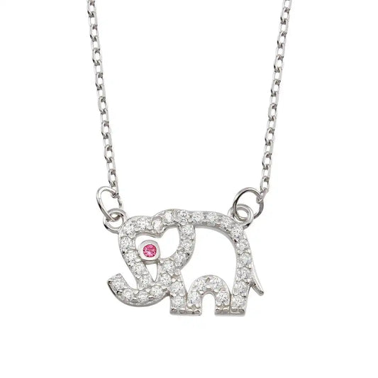 925 Sterling Silver Rhodium Plated Outline Elephant CZ Necklace