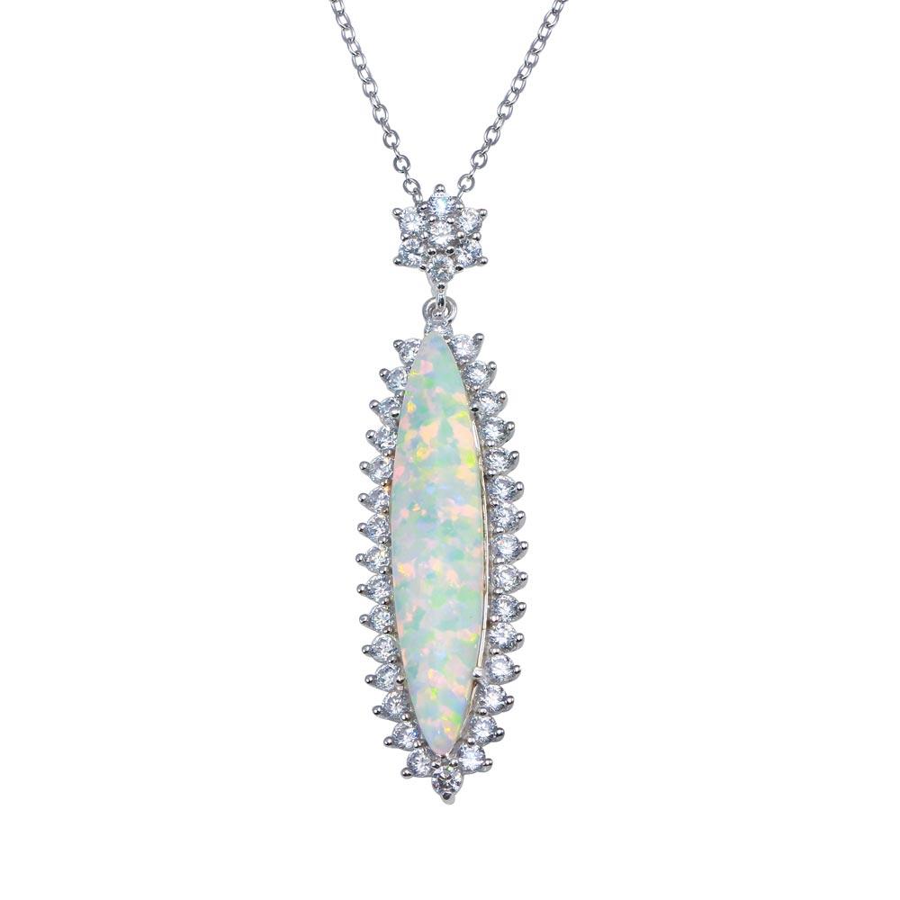 925 Sterling Silver Rhodium Plated Teardrop Synthetic Opal Necklace with CZ