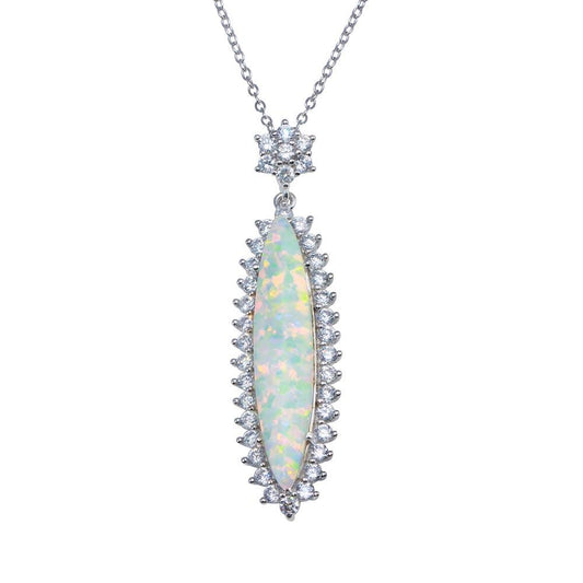 925 Sterling Silver Rhodium Plated Teardrop Synthetic Opal Necklace with CZ