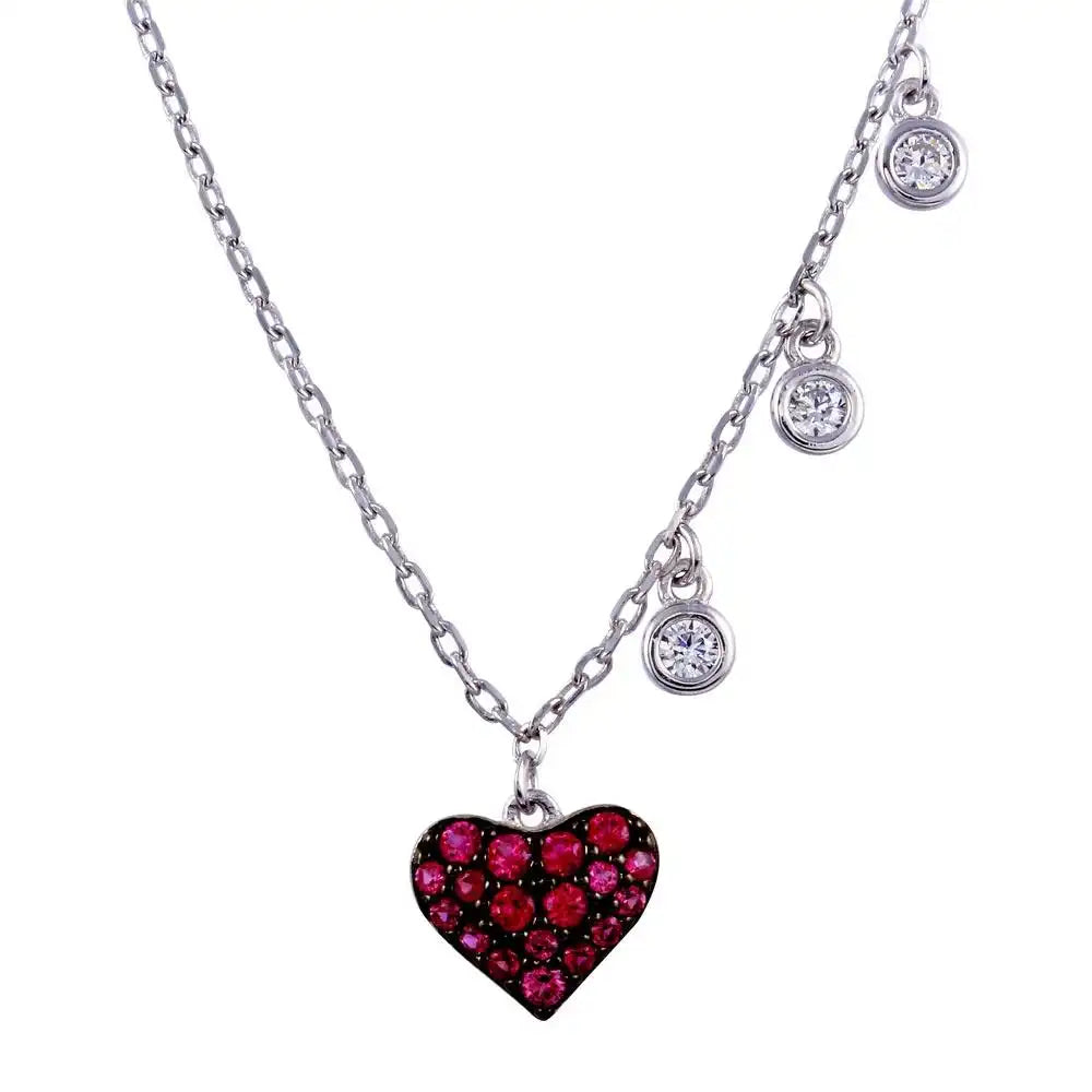 925 Sterling Silver Rhodium Plated Dark Pink CZ Heart Necklace