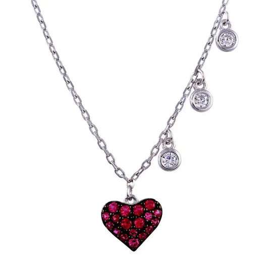 925 Sterling Silver Rhodium Plated Dark Pink CZ Heart Necklace