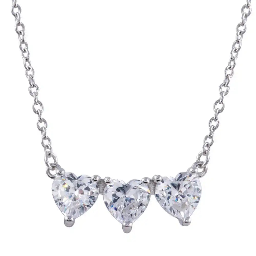 925 Sterling Silver Rhodium Plated 3 CZ Hearts Necklace
