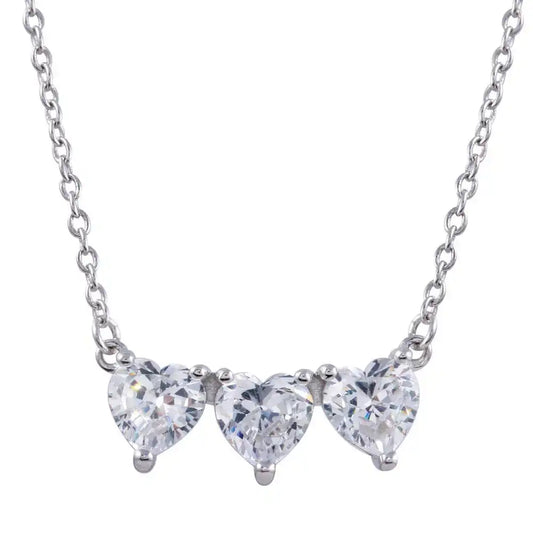 925 Sterling Silver Rhodium Plated 3 CZ Hearts Necklace