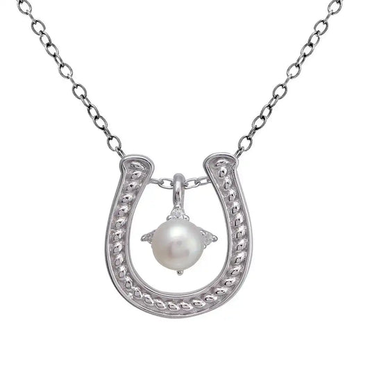 925 Sterling Silver Clear Rhodium Plated Horse Shoe Pearl Center Necklace