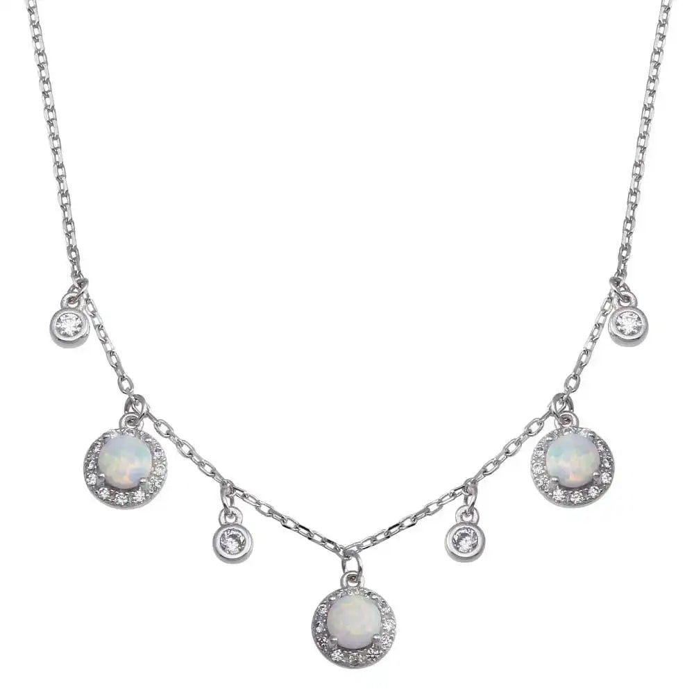 925 Sterling Silver Rhodium Plated Dangling CZ and Round Synthetic Opal Necklace