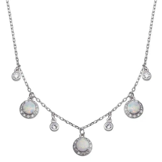 925 Sterling Silver Rhodium Plated Dangling CZ and Round Synthetic Opal Necklace