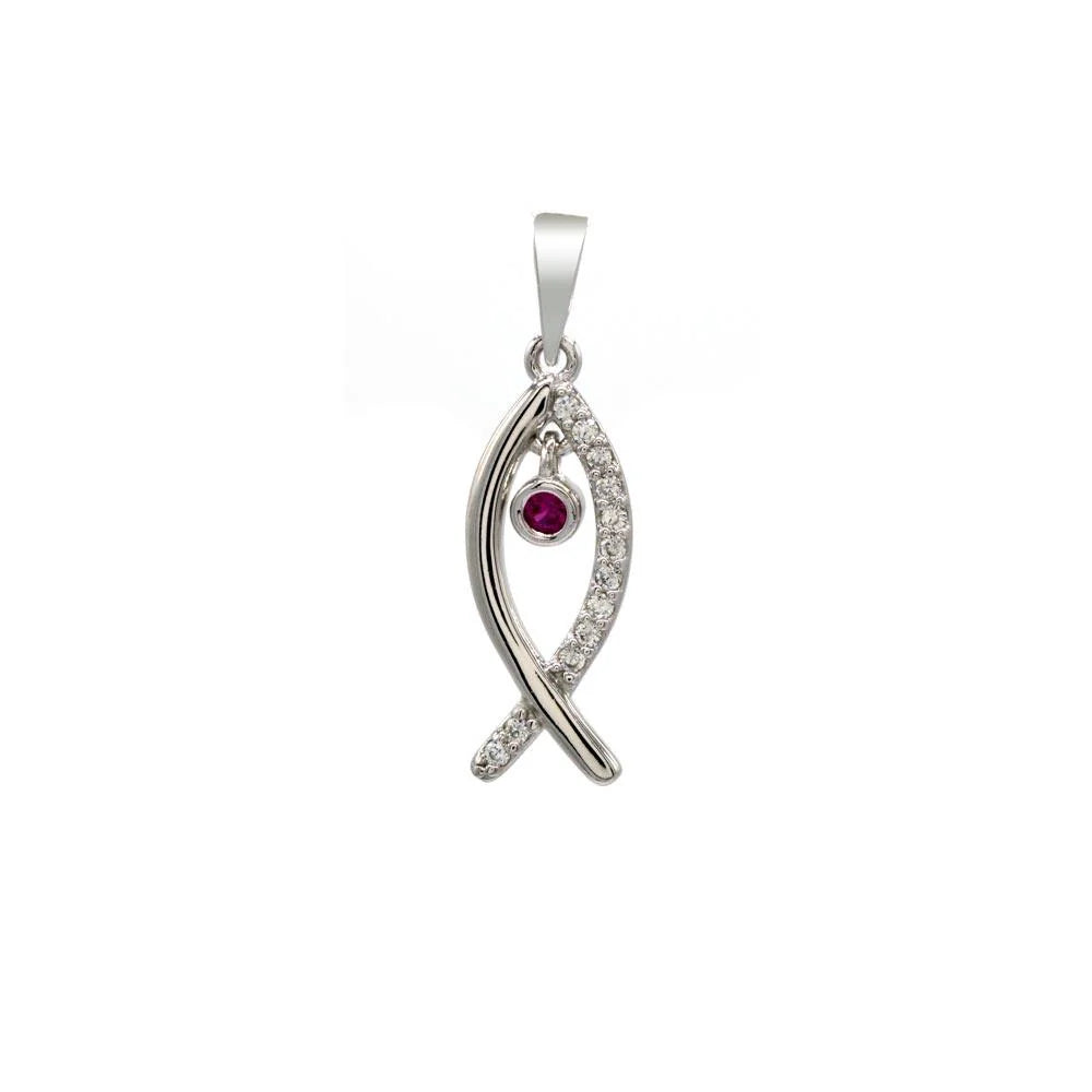 925 Sterling Silver Rhodium Plated Fish Pendant with Clear and Pink CZ