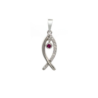 925 Sterling Silver Rhodium Plated Fish Pendant with Clear and Pink CZ