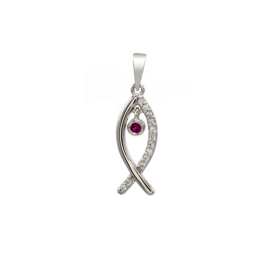 925 Sterling Silver Rhodium Plated Fish Pendant with Clear and Pink CZ