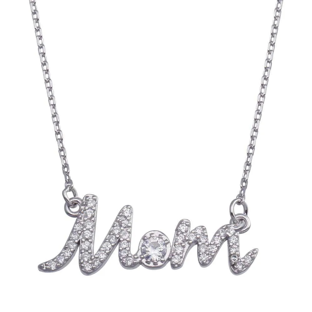 925 Sterling Silver Rhodium Plated Clear CZ Script MOM Necklace