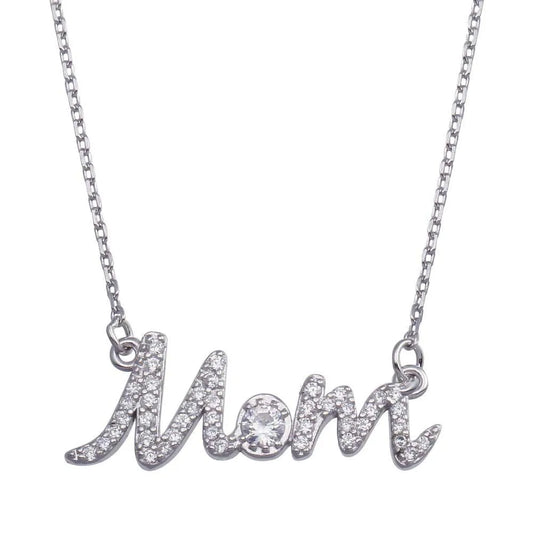 925 Sterling Silver Rhodium Plated Clear CZ Script MOM Necklace