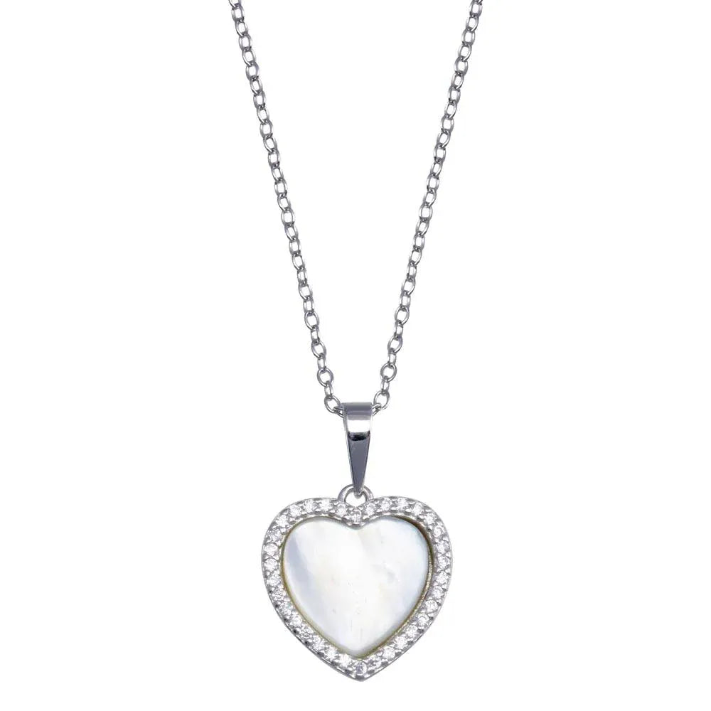 925 Sterling Silver Rhodium Plated Heart Mother of Pearl Necklace
