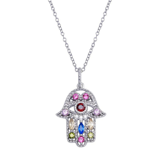 925 Sterling Silver Silver CZ Multi Color Hamsa