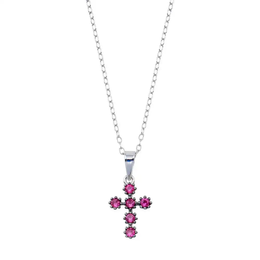 925 Sterling Silver Rhodium Plated Cross Pink CZ Necklace