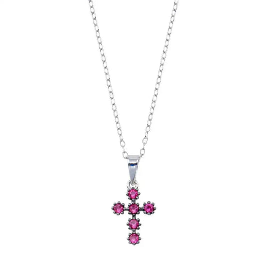 925 Sterling Silver Rhodium Plated Cross Pink CZ Necklace