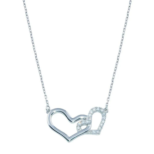 925 Sterling Silver Rhodium Plated Double CZ Heart Necklace