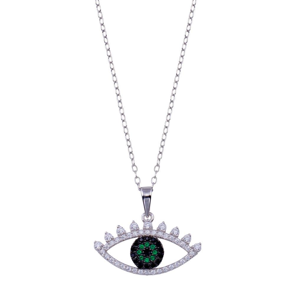 925 Sterling Silver Rhodium Plated Clear Green CZ Evil Eye Necklace