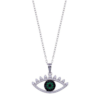 925 Sterling Silver Rhodium Plated Clear Green CZ Evil Eye Necklace