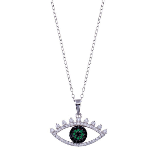 925 Sterling Silver Rhodium Plated Clear Green CZ Evil Eye Necklace