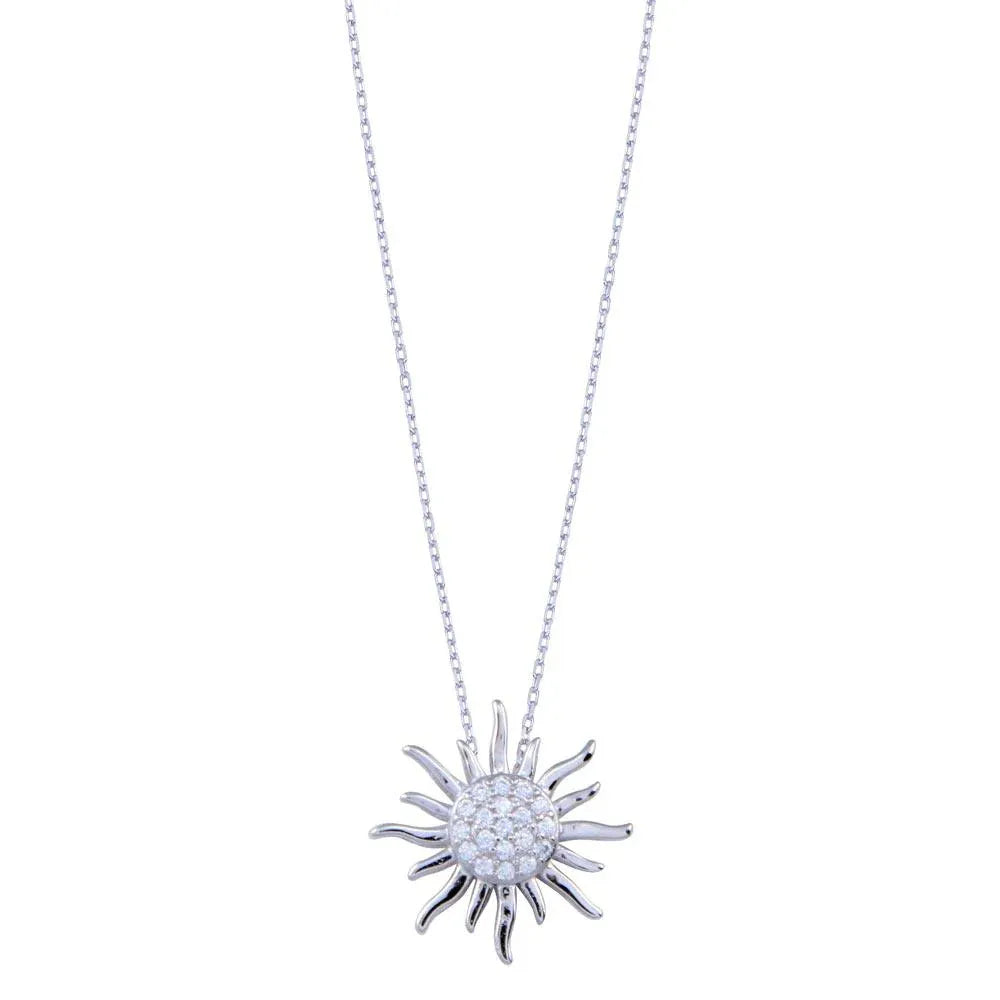 925 Sterling Silver Rhodium Plated Clear CZ Sun Necklace