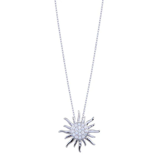 925 Sterling Silver Rhodium Plated Clear CZ Sun Necklace