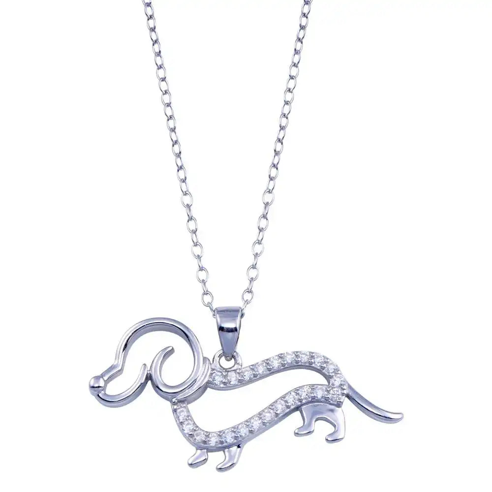 925 Sterling Silver Rhodium Plated Clear CZ Outline Dog Necklace
