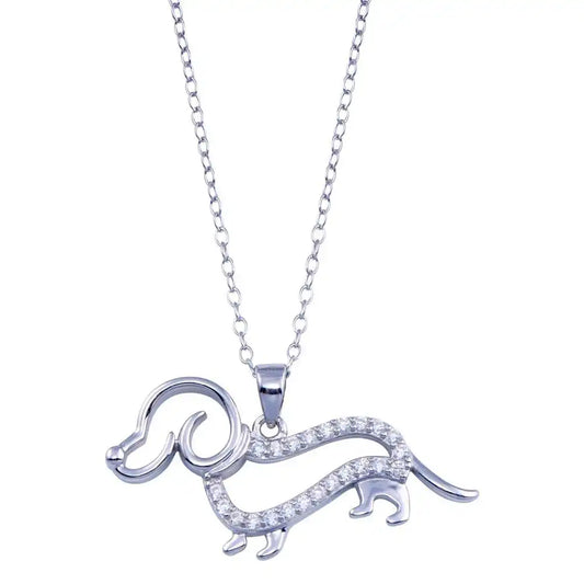 925 Sterling Silver Rhodium Plated Clear CZ Outline Dog Necklace