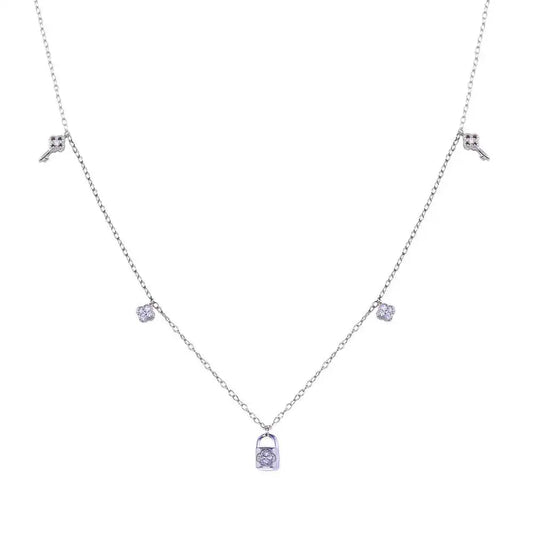 925 Sterling Silver Rhodium Plated Clear CZ Lock and Key Necklace