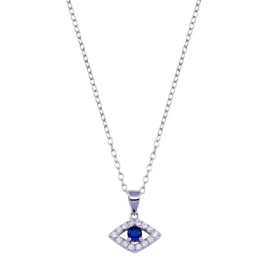 925 Sterling Silver Rhodium Plated Clear and Blue CZ Evil Eye Necklace