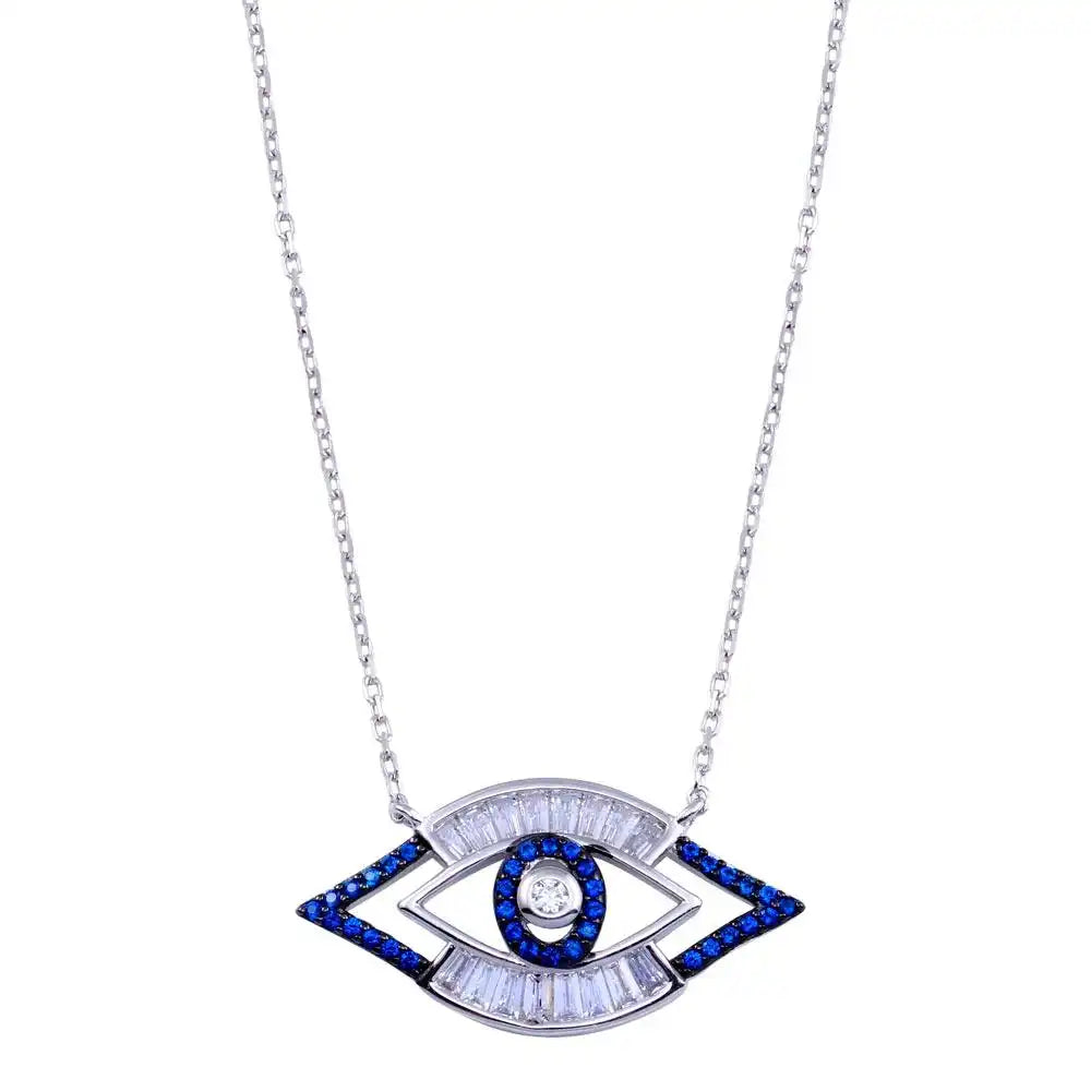 925 Sterling Silver Rhodium Plated Clear Blue CZ Evil Eye Necklace