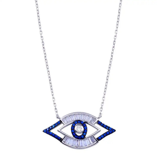 925 Sterling Silver Rhodium Plated Clear Blue CZ Evil Eye Necklace